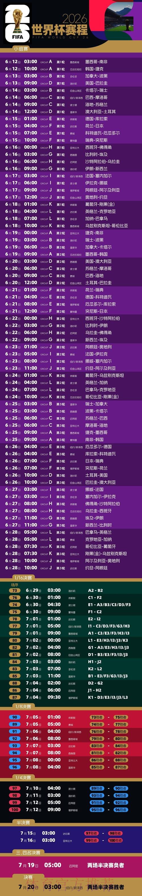 2026世界杯每日赛程高清版完整安排怎么看